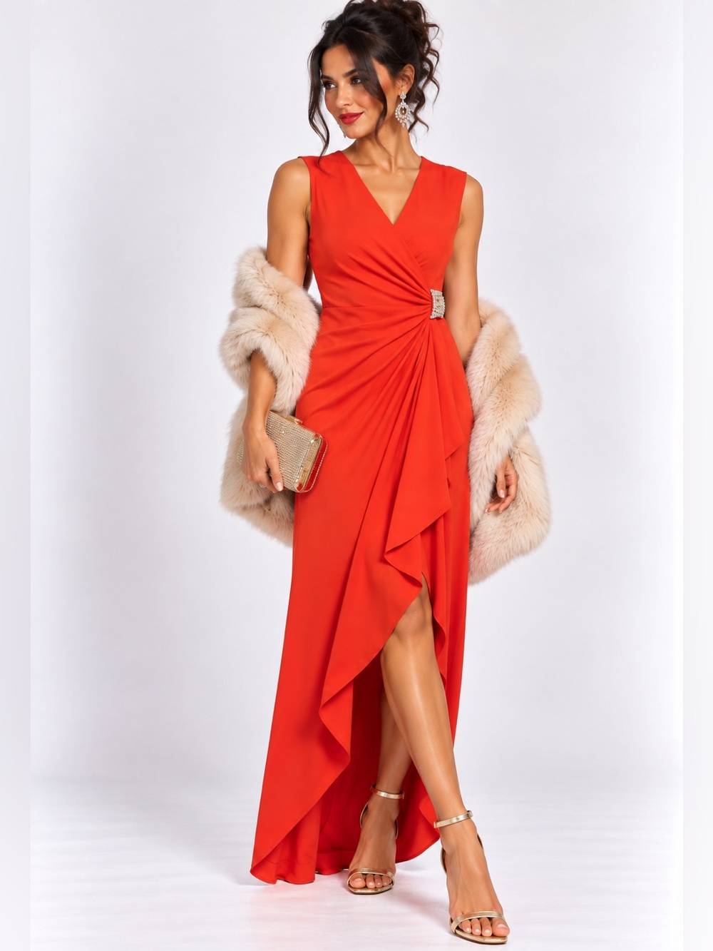 Calvin Klein Nwt Scuba Crepe Maxi Gown with Sparkling Rhinestone gathered Waist